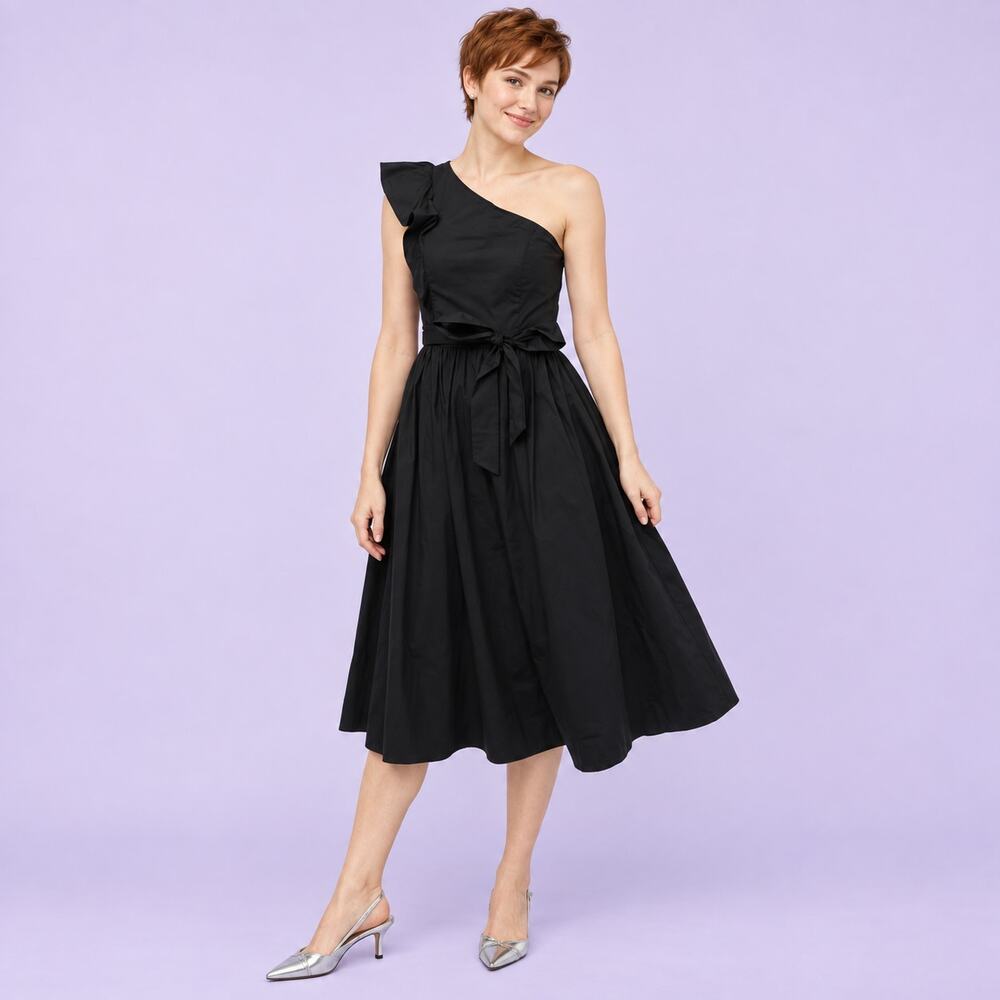 J.Crew Dress WMNS 00P Black One Shoulder Ruffle Fit Flare Midi Cocktail LBD